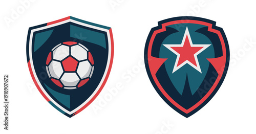 Shield Logo Set with Soccer Ball Crest, collection of vector emblems with star symbols