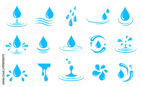 Water drop splash icons set, blue liquid ripple symbols, flat vector illustration