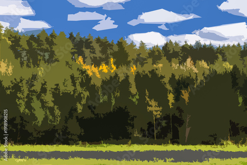 AUTUMN LANDSCAPE - Colorful tree leaves among the green pines
