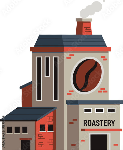 Flat design illustration of a coffee roastery building with a large coffee bean symbol and a smoking chimney.