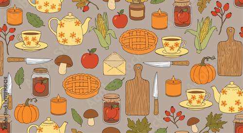 Autumn Harvest Food and Drink Seamless Pattern Vector Background