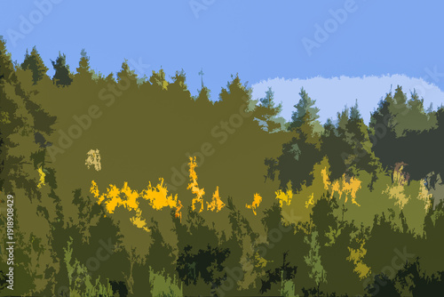 AUTUMN LANDSCAPE - Colorful tree leaves among the green pines

