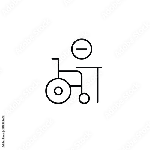 Remote worker fired. Accessibility reduced. Wheelchair at work desk and minus symbol. Pixel perfect, editable stroke vector icon