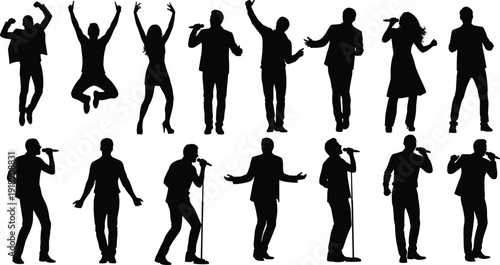Black silhouettes of diverse people singing and dancing, male and female performers set, musical artists on isolated white background.