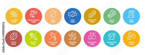 Isolated Vector Logo Set Badge Ingredient Warning Label. Cheerful and colorful Allergens icons. Food Intolerance. The 14 allergens required to declare written in english