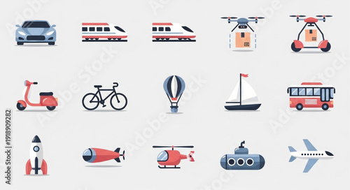 Collection of diverse transportation vehicles and modes of travel.