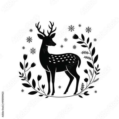 A spotted deer standing calmly Surrounding floral  snowflake elements.