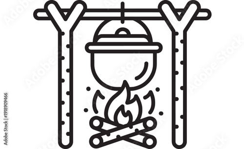 Cauldron cooking over campfire icon with hanging pot on wooden tripod, simple black outline pictogram for outdoor camping, hiking meal preparation and wilderness cuisine