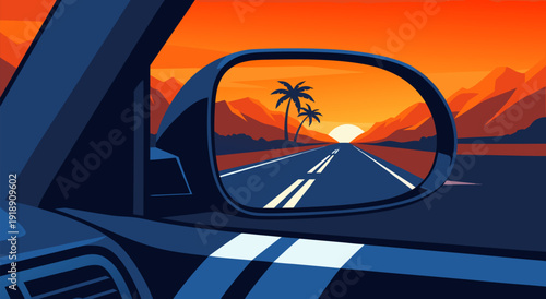 Stylized Car Interior Vector Illustration with Driver's Mirror Reflecting Sunset Road Scene and Palm Tree Landscape