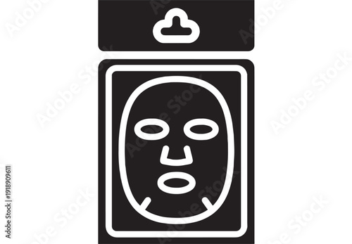 Face mask icon in packaging with hanging tab, simple black and white design featuring skincare, beauty, cosmetics with wellness and self-care elements for pampering, relaxation projects, clean