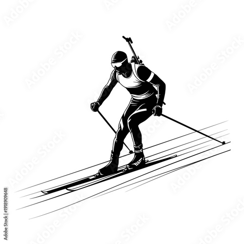 Black and White Biathlon Silhouette Vector on White Background, Winter Olympics Ski Shooting Sport Illustration