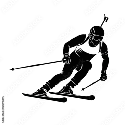 Black and White Biathlon Silhouette Vector on White Background, Winter Olympics Ski Shooting Sport Illustration