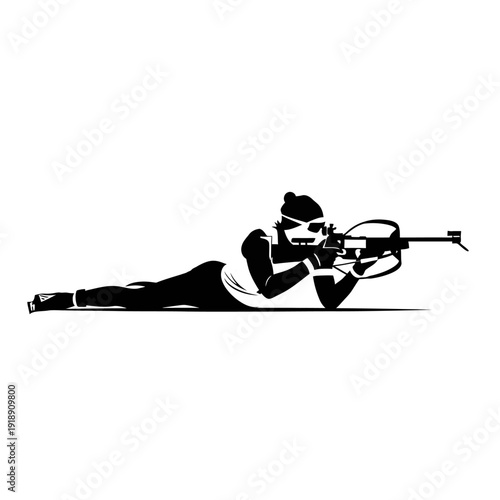 Black and White Biathlon Silhouette Vector on White Background, Winter Olympics Ski Shooting Sport Illustration
