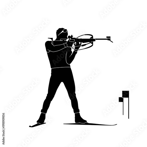 Black and White Biathlon Silhouette Vector on White Background, Winter Olympics Ski Shooting Sport Illustration