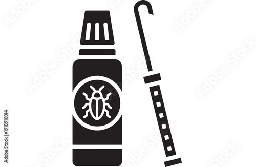 Insect repellent spray icon with mosquito bug symbol and umbrella, simple black silhouette pictogram for pest control, outdoor protection, camping safety on white
