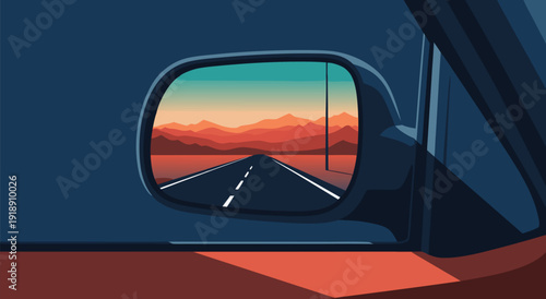 Vector illustration of a car's side mirror reflecting a serene highway at sunset with bold lines and vibrant color palette