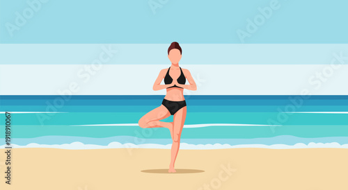 Serene Vector Illustration of Woman Practicing Yoga on Beach in Vibrant Colors
