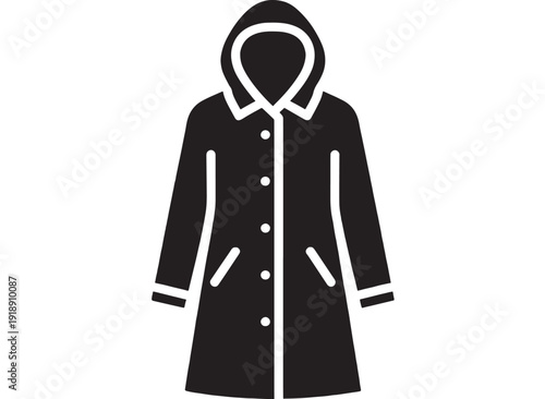 Coat hooded raincoat icon in black silhouette with buttons and pockets, minimalist flat vector clothing symbol for weather, outerwear, fashion app UI isolated