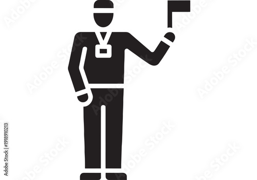 Referee icon with whistle and raised flag, black glyph silhouette pictogram for sports officiating, rules enforcement, match control, and game judging isolated