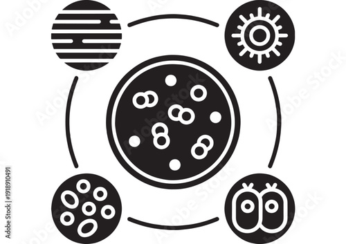 Microorganism icon with bacteria and cell symbols in circular orbit layout, black glyph microbiology sign for laboratory research, healthcare, infection control, science education