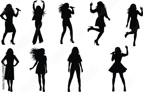Black silhouettes of women singing and dancing, female performers with microphones, pop music artists, dance set on isolated white background.