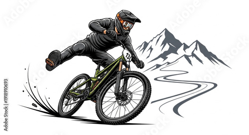 Mountain Biker Riding Downhill Freely.