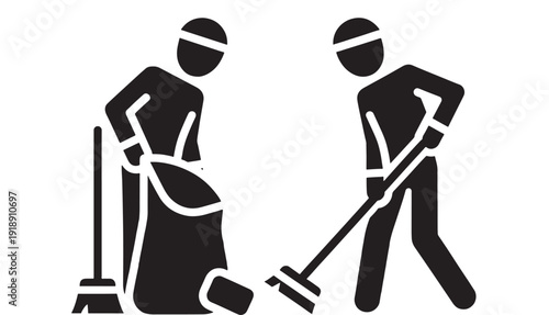 Janitors cleaning icon with two workers sweeping and vacuuming floor, simple black silhouette pictogram for housekeeping service, maintenance staff and sanitation sign