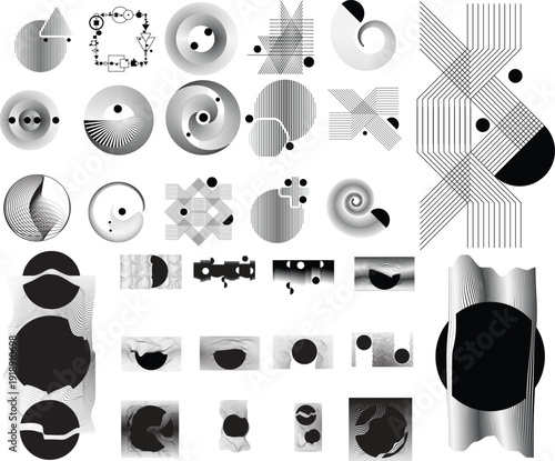 Collection of vector design elements. Set of logos with lines, stripes and circles. Various forms of line and dots design.Vector logo collection. Bundle of circle icons and elements. Set of lines art.