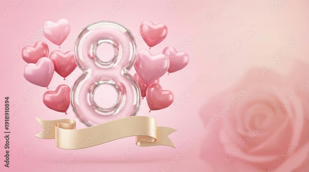 Obraz premium International Womens Day 8 March with Pink Hearts and Rose.
