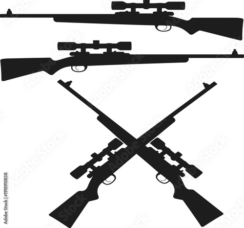Set of black sniper rifle silhouettes, crossed hunting gun icons