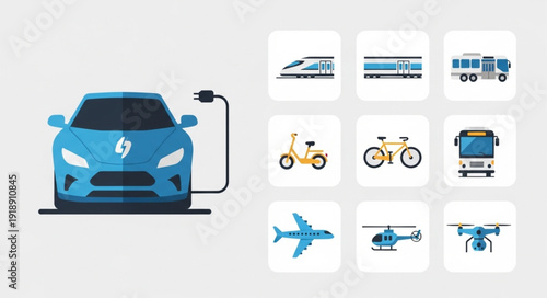 Electric car charging next to various transportation icons.