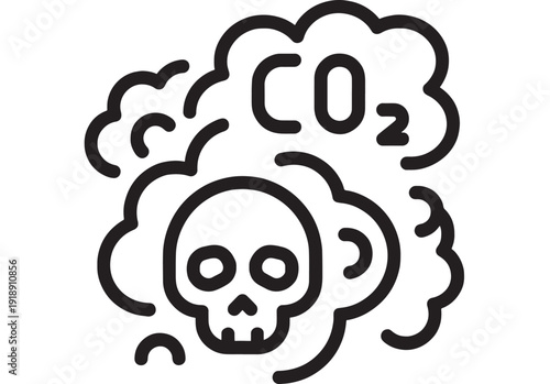 Icon carbon dioxide cloud with skull symbol, CO2 emission pollution warning pictogram, toxic gas concept for climate change, air quality hazard, line style