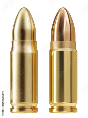 Wallpaper Mural Two rifle cartridges are arranged side by side on a bright transparent background. One has a shiny silver casing, the other a gold brass casing. Both feature pointed copper projectiles. Torontodigital.ca