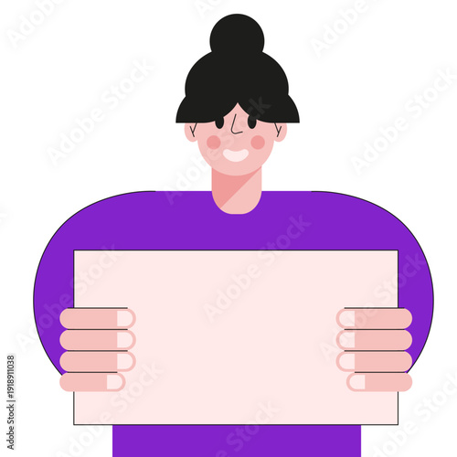 Business banner with flat girl and Empty horizontal banner in the hands. Vector illustration simple woman with information placard in hands isolated transparent background. Editable stroke EPS 10