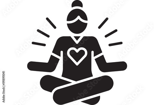 Meditation icon of person sitting cross-legged with heart on chest and radiating calm lines, minimalist black glyph pictogram for mindfulness and wellbeing apps