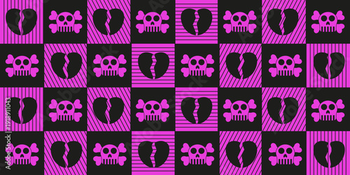 Emo checkered background. Vector illustration simple pink skull and black broken heart on chessboard background. Perfect Emo seamless pattern for wall decor wallpaper textile fabric print. EPS 10