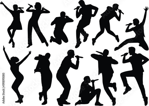 Dynamic singer silhouettes performing live on stage, energetic music concert performers with microphones, black isolated figures illustration set