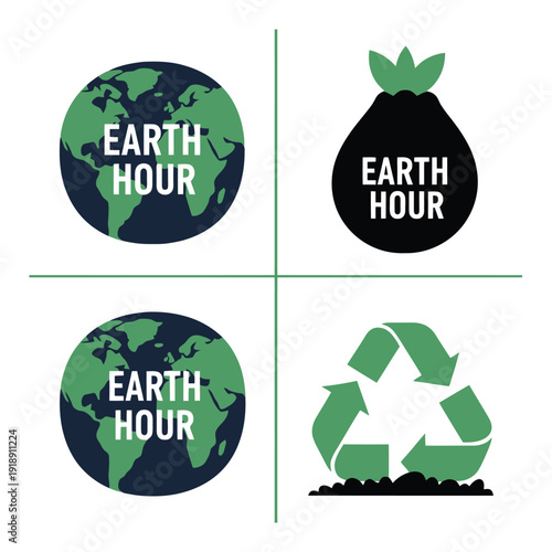 Earth Hour and Recycling Symbols.