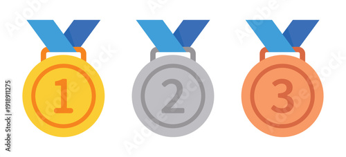 Simple medal icons. Gold silver and bronze medals representing first second and third place. Transparent PNG and vector illustration