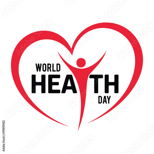 World Health Day Typography with Heart and Human Silhouette - Red and Black Graphic Design for Medical Awareness Vector