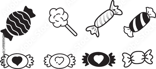Hand Drawn Candy and Sweet Icons Set, Cute Outline and Silhouette Confectionery Collection with Lollipop, Wrapped Candy, Heart Chocolate and Sugar Treats Isolated on White Background