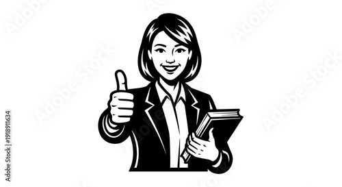 Businesswoman Giving Thumbs Up Holding Book.