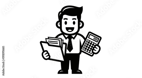 Cartoon Businessman Holding Calculator and Documents.