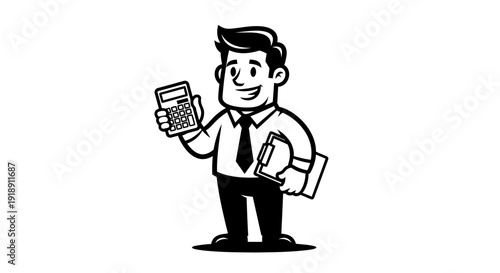 Cartoon Man Holding Calculator and Papers.
