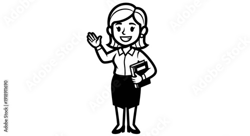 Cartoon Female Teacher Waving with Books.