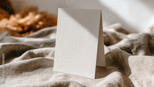 Textured Cardboard Mockup Tilted on Folded Textile Background Featuring Hard Architectural Shadows for Branding Design