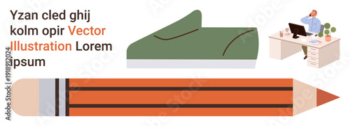 Creativity, work environment, office tools, writing concepts, design inspiration, productivity. Features a desk with a computer and a large pencil. Creativity and work environment