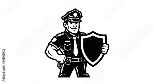Police Officer Cartoon Character Holding Shield.