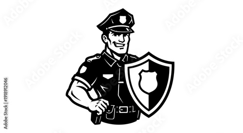 Police Officer Holding Shield and Badge.