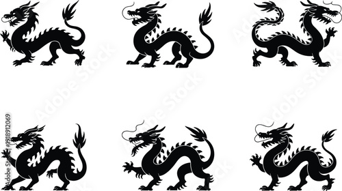 Set of Set of black flying dragon silhouettes, mythical fire breathing creature icons